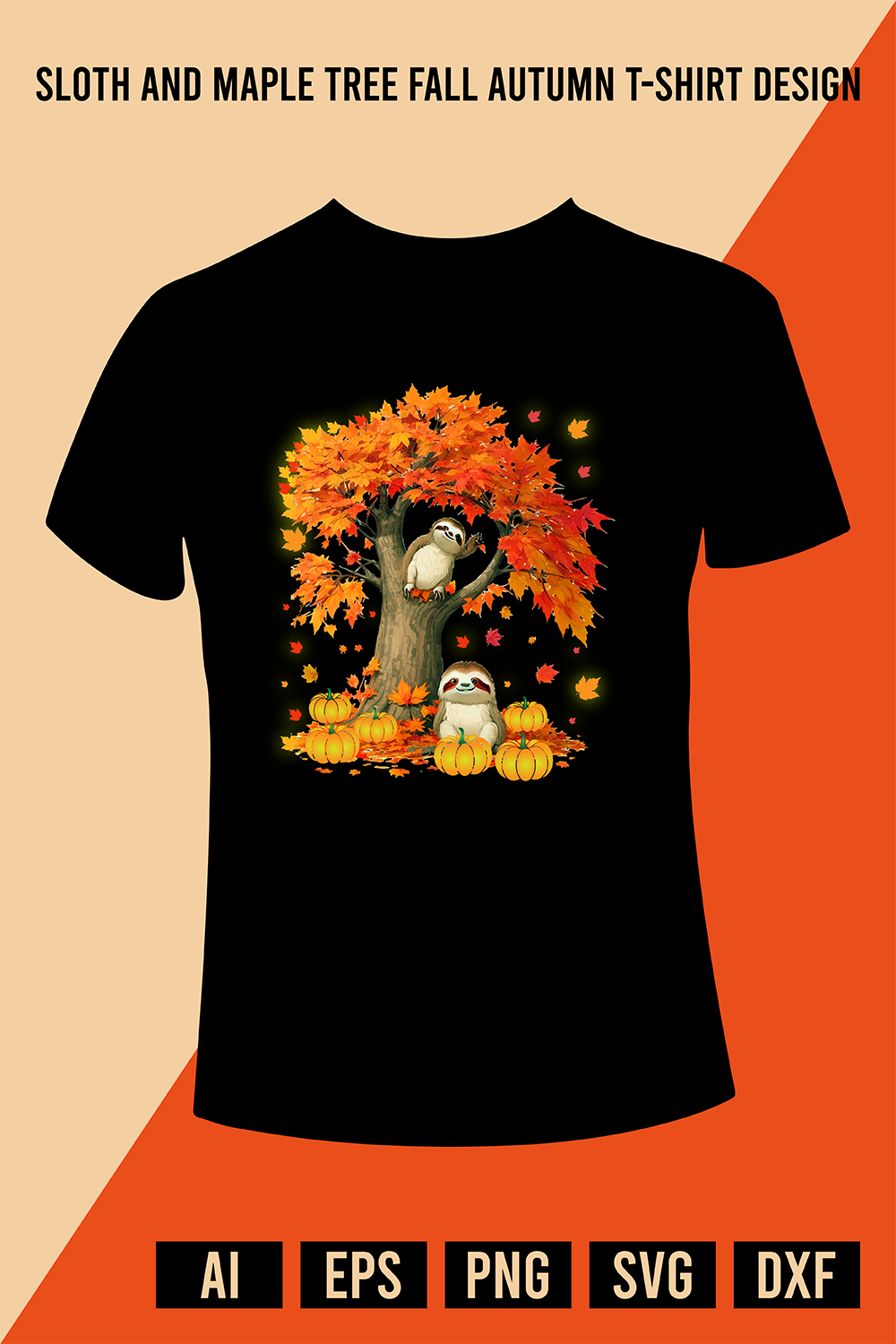 Sloth And Maple Tree Fall Autumn T-Shirt Design pinterest preview image.