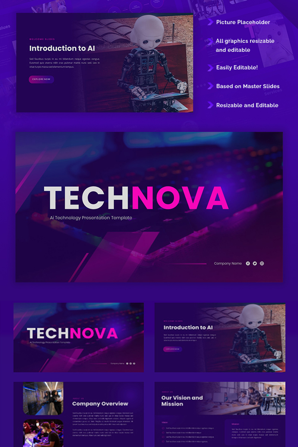 Technova - AI Technology Google Slides Template pinterest preview image.