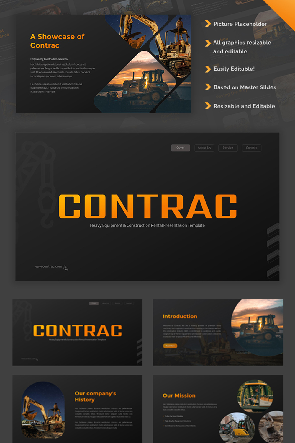 Contrac - Heavy Equipment & Construction Rental Google Slides Template pinterest preview image.