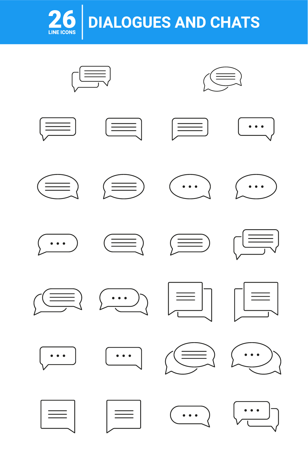 Set of 26 Dialogues and Chats Outline Icons pinterest preview image.
