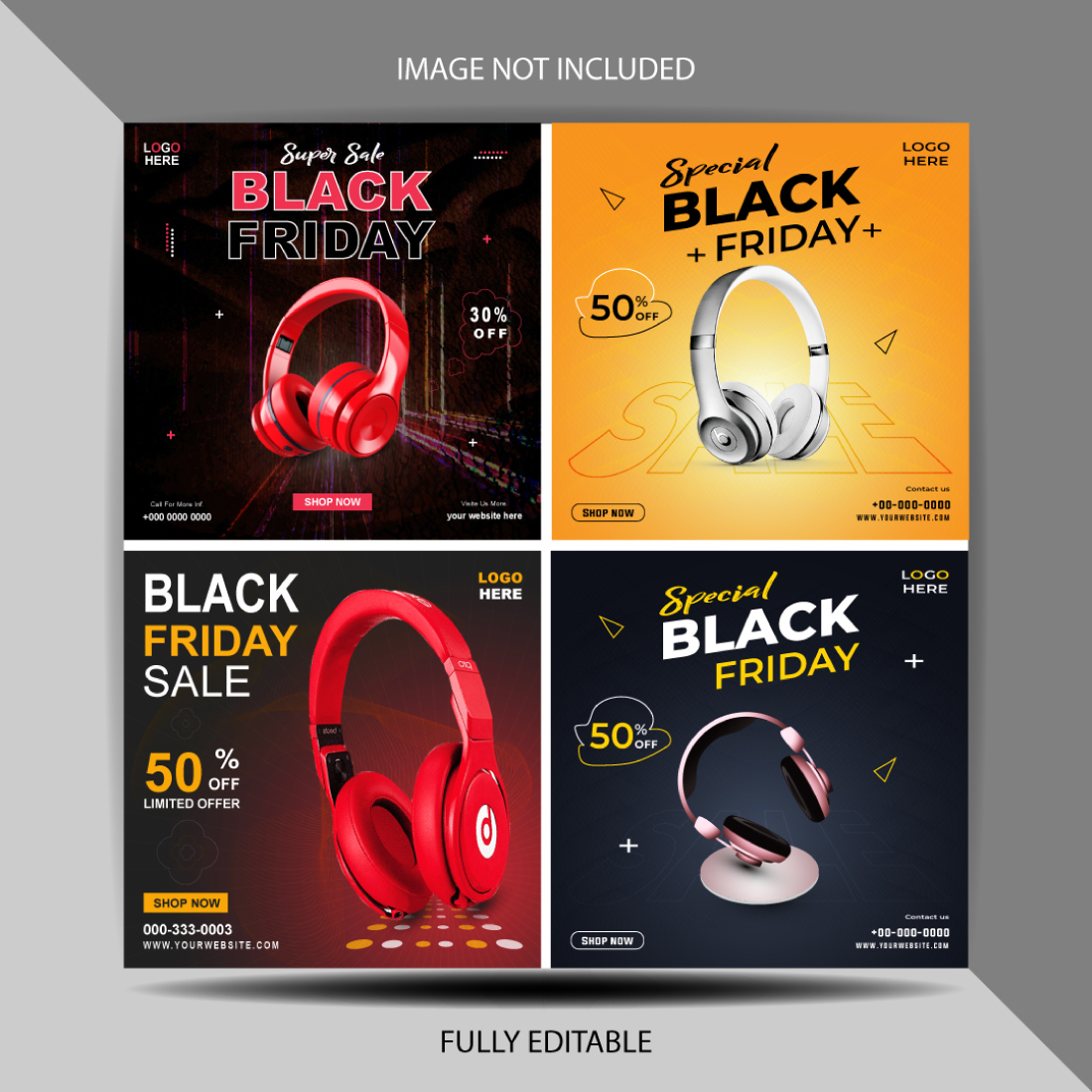 4 Black friday headphone social media post design promotional template cover image.