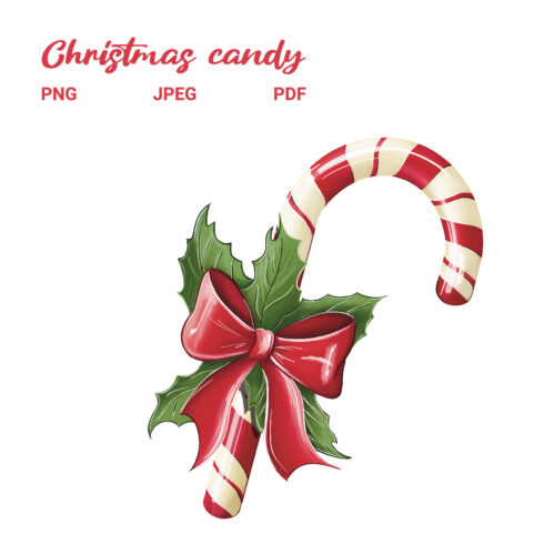 Christmas candy cane stick with red bow ribbon, poinsettia leaves and red bow Winter holiday sweets and Xmas lollipop isolated on background cover image.
