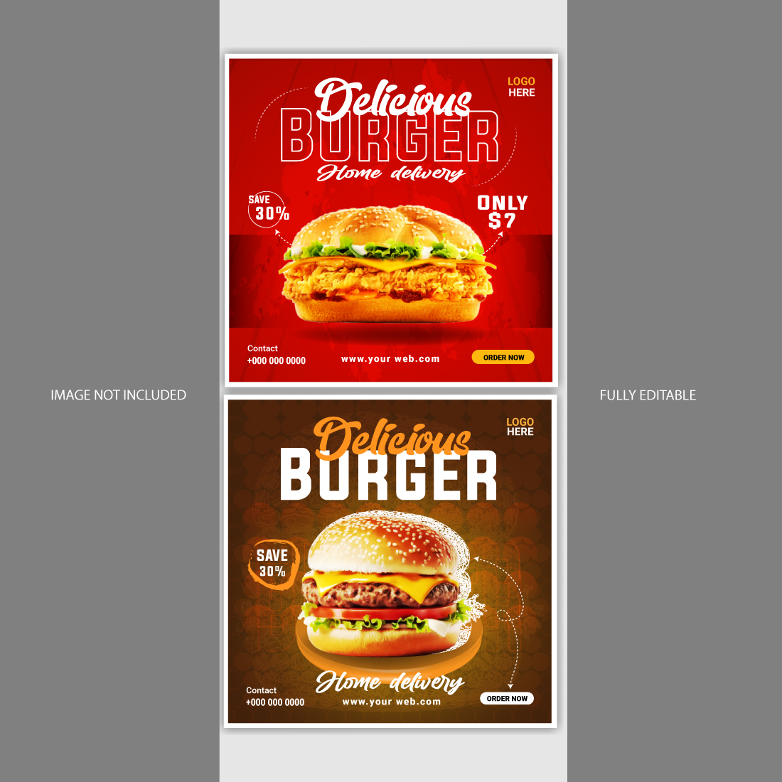 2 Burger social media post template and promotional design preview image.