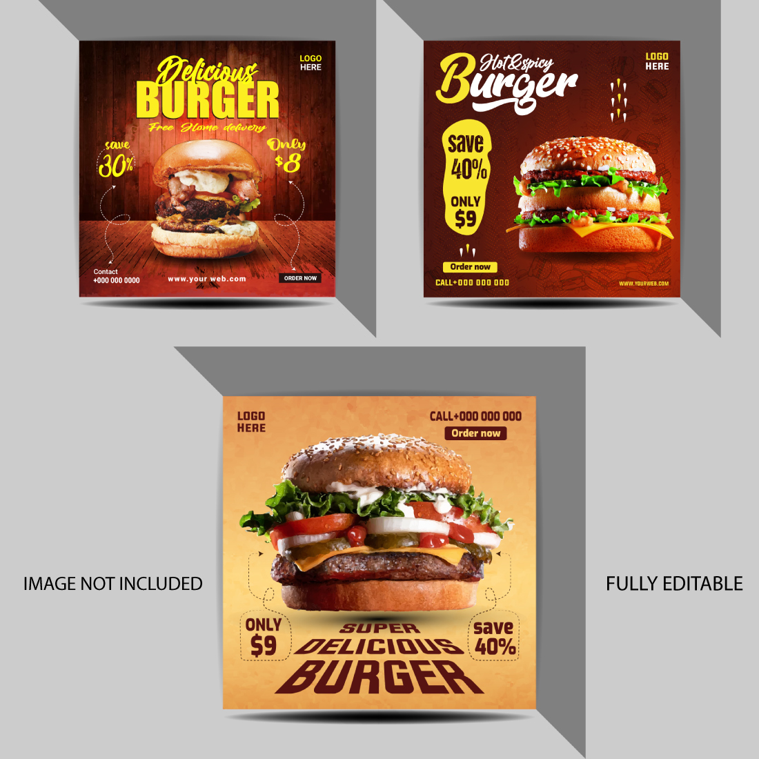 Vector burger social media post and promotional template preview image.
