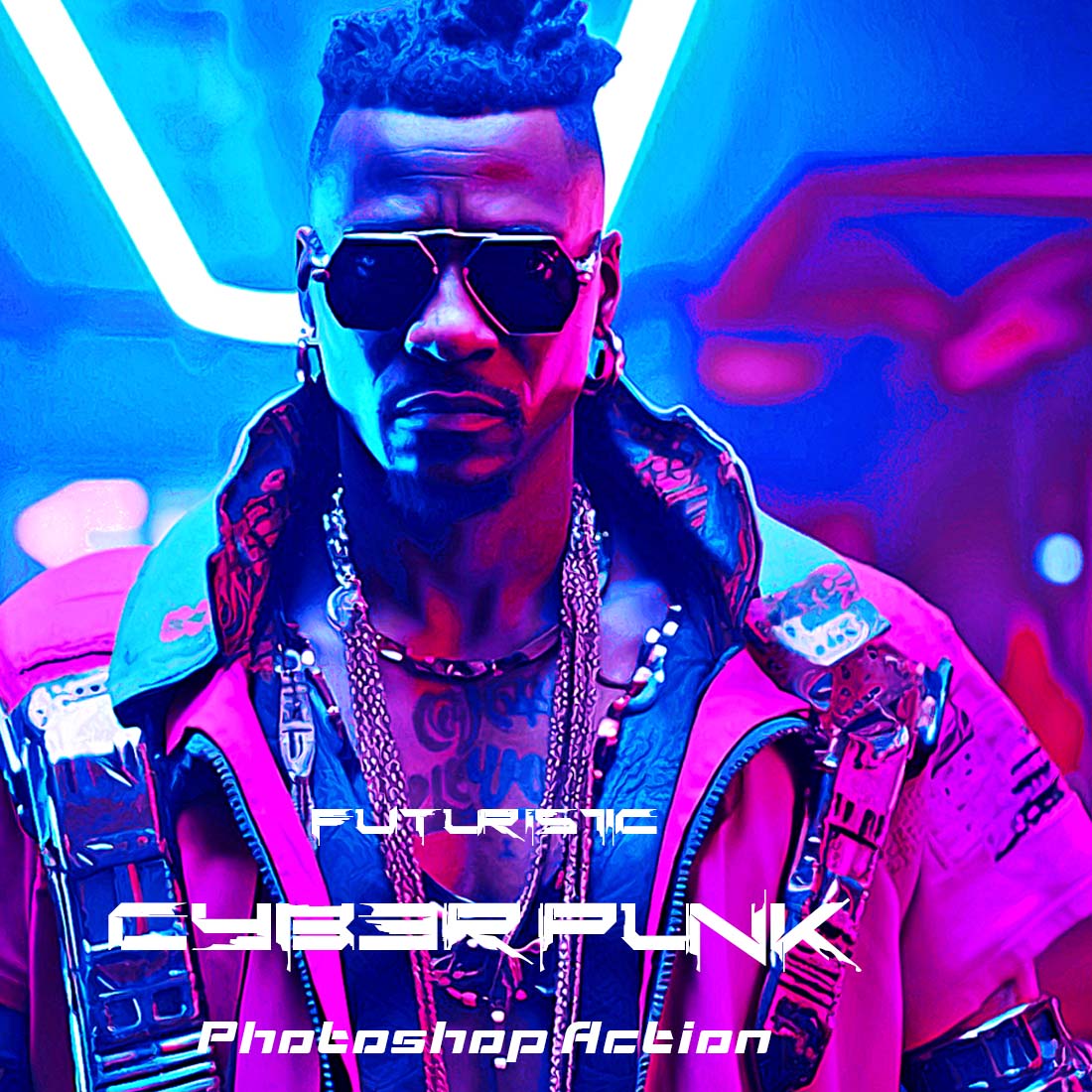 Futuristic Cyberpunk Photoshop Action cover image.