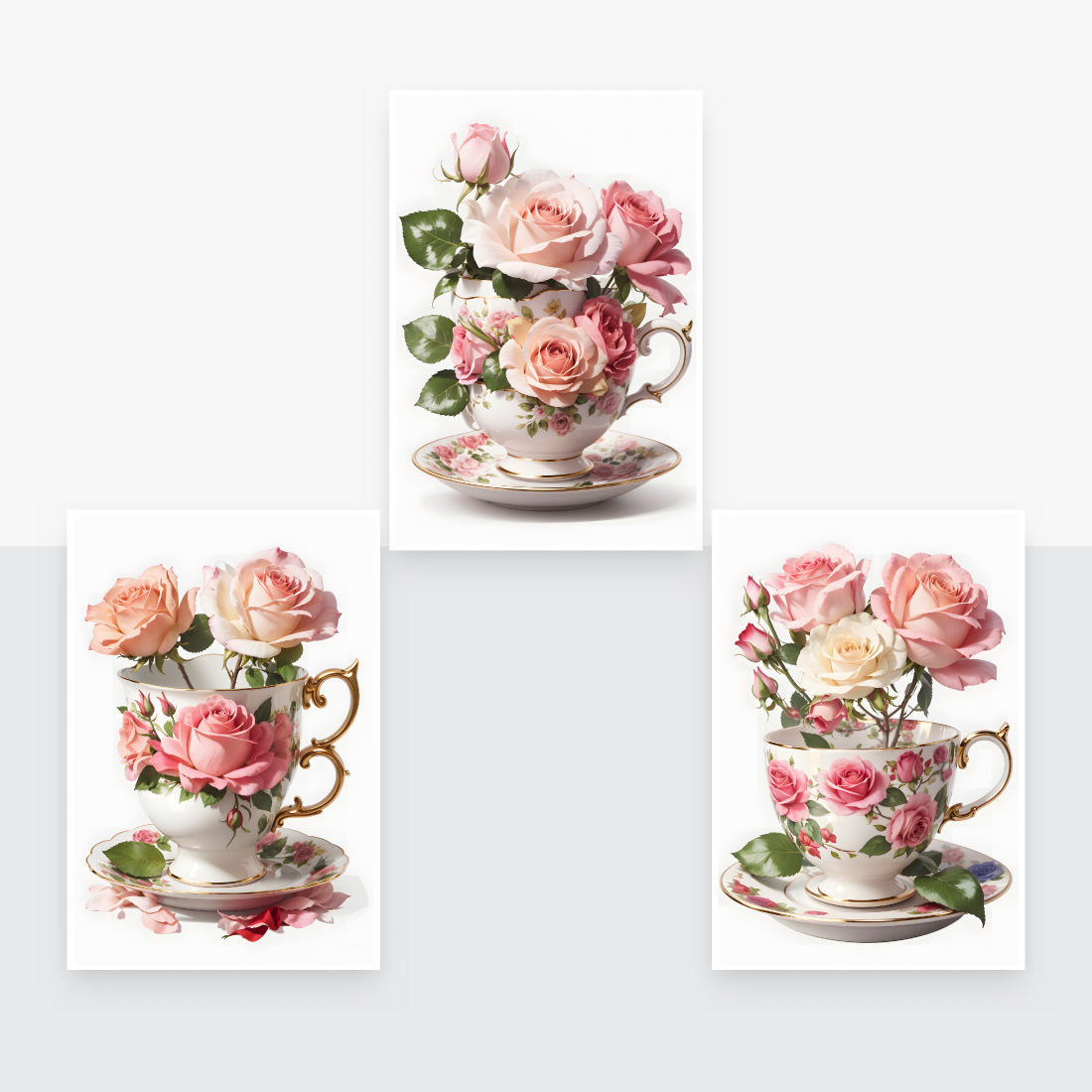 Realistic Watercolor Rose Teacup Clipart White Background preview image.