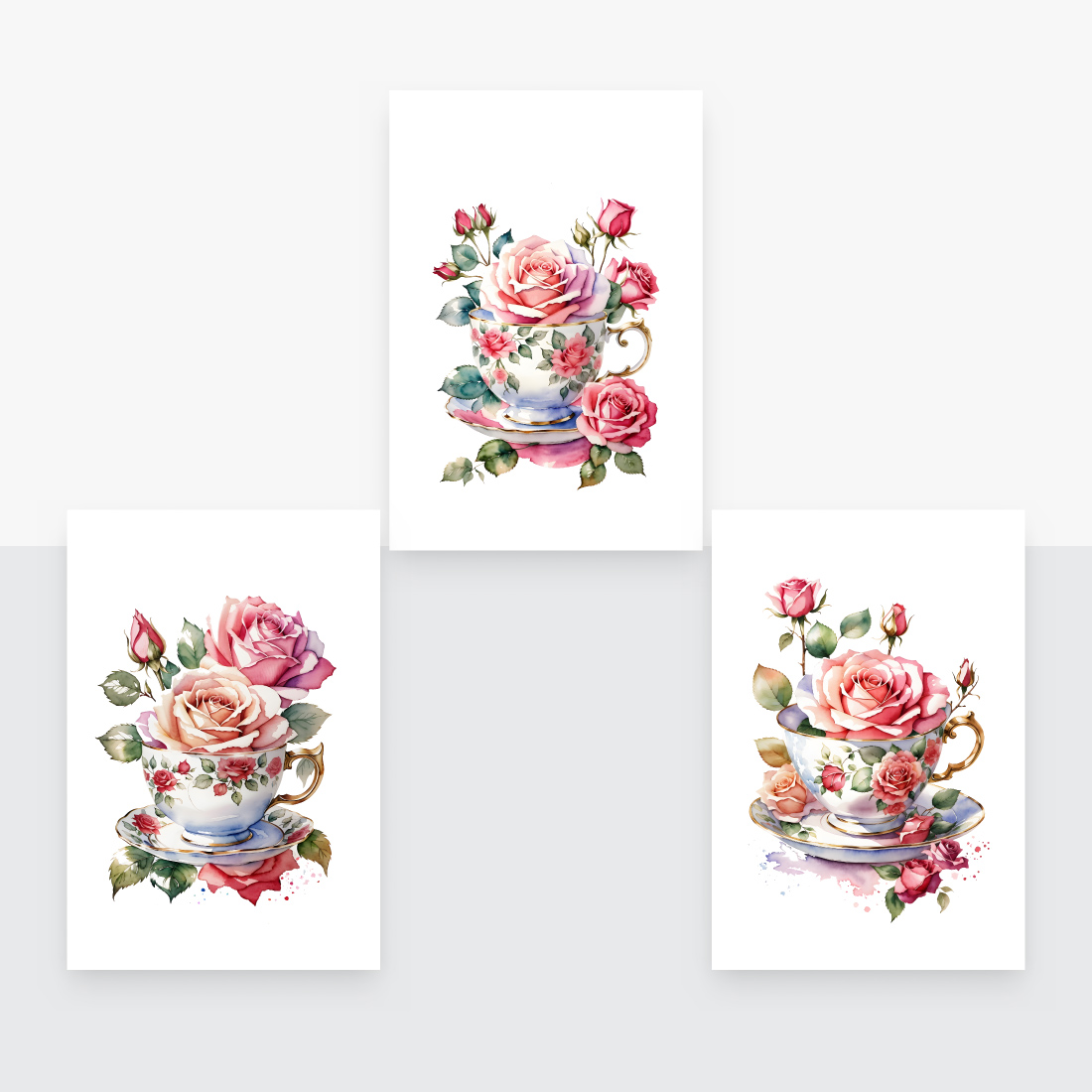 12 Watercolor Rose Vintage Red Teacup Clipart preview image.