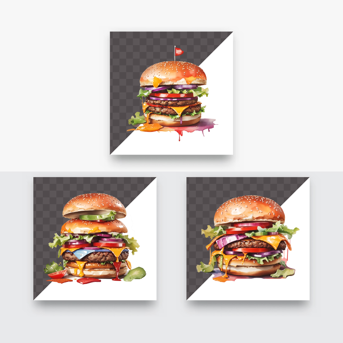 Watercolor burger vintage clipart png preview image.
