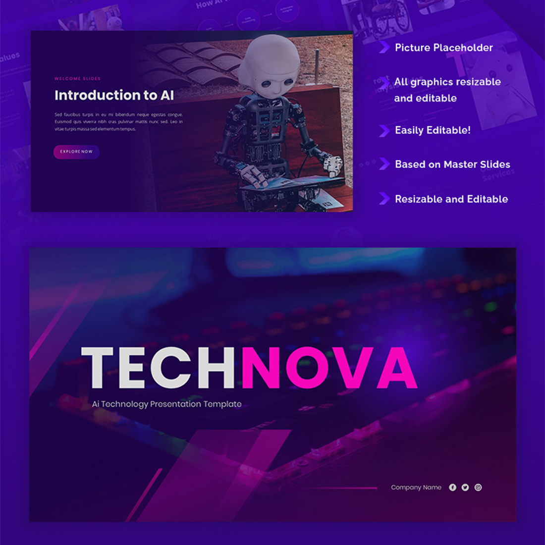 Technova - AI Technology Google Slides Template preview image.