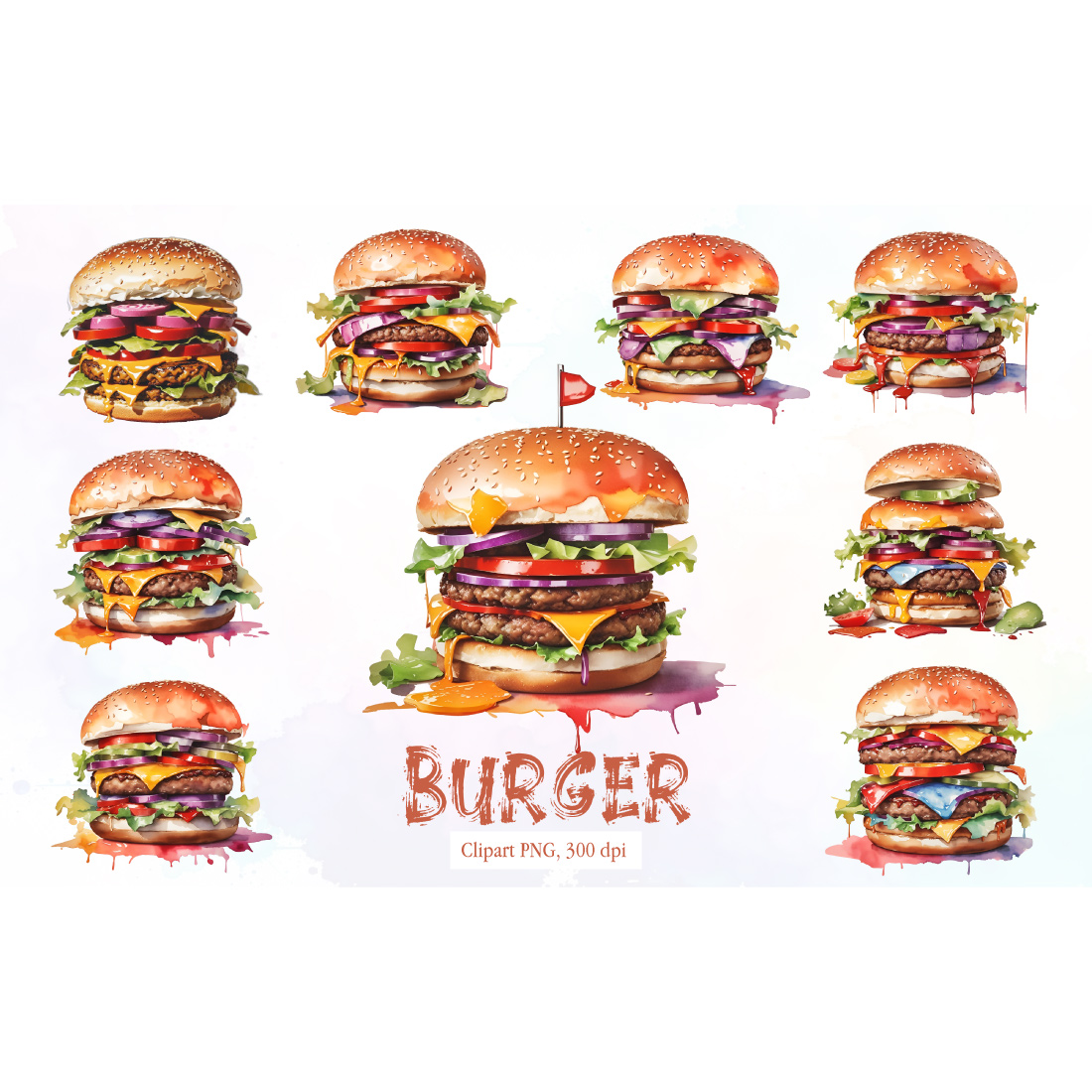 Watercolor burger vintage clipart png cover image.