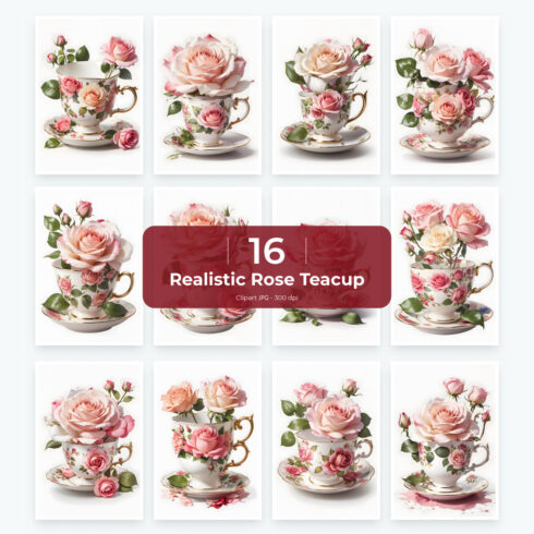 Realistic Watercolor Rose Teacup Clipart White Background cover image.