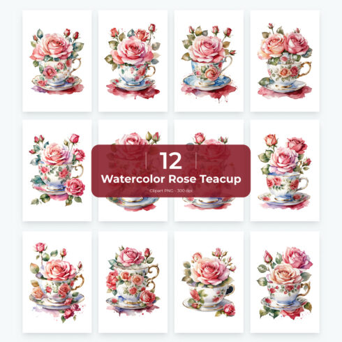 12 Watercolor Rose Vintage Red Teacup Clipart cover image.