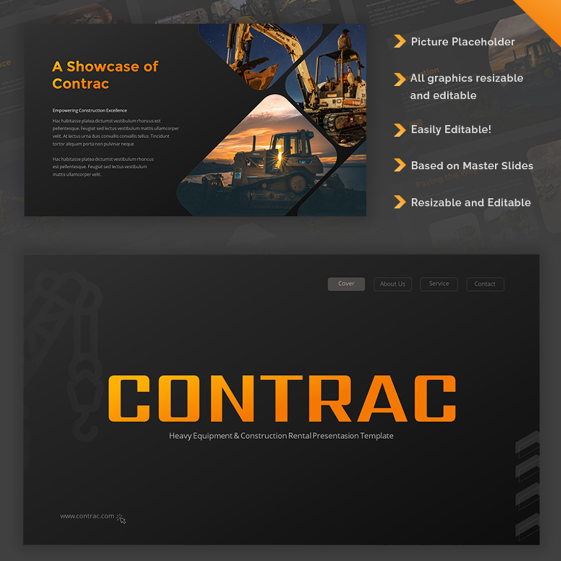 Contrac - Heavy Equipment & Construction Rental Google Slides Template preview image.
