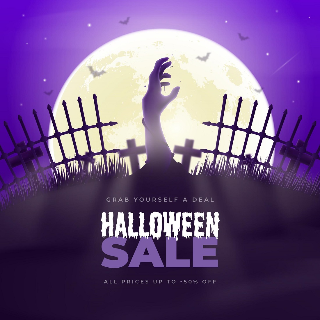Realistic Halloween sale illustration with cemetery cover image.