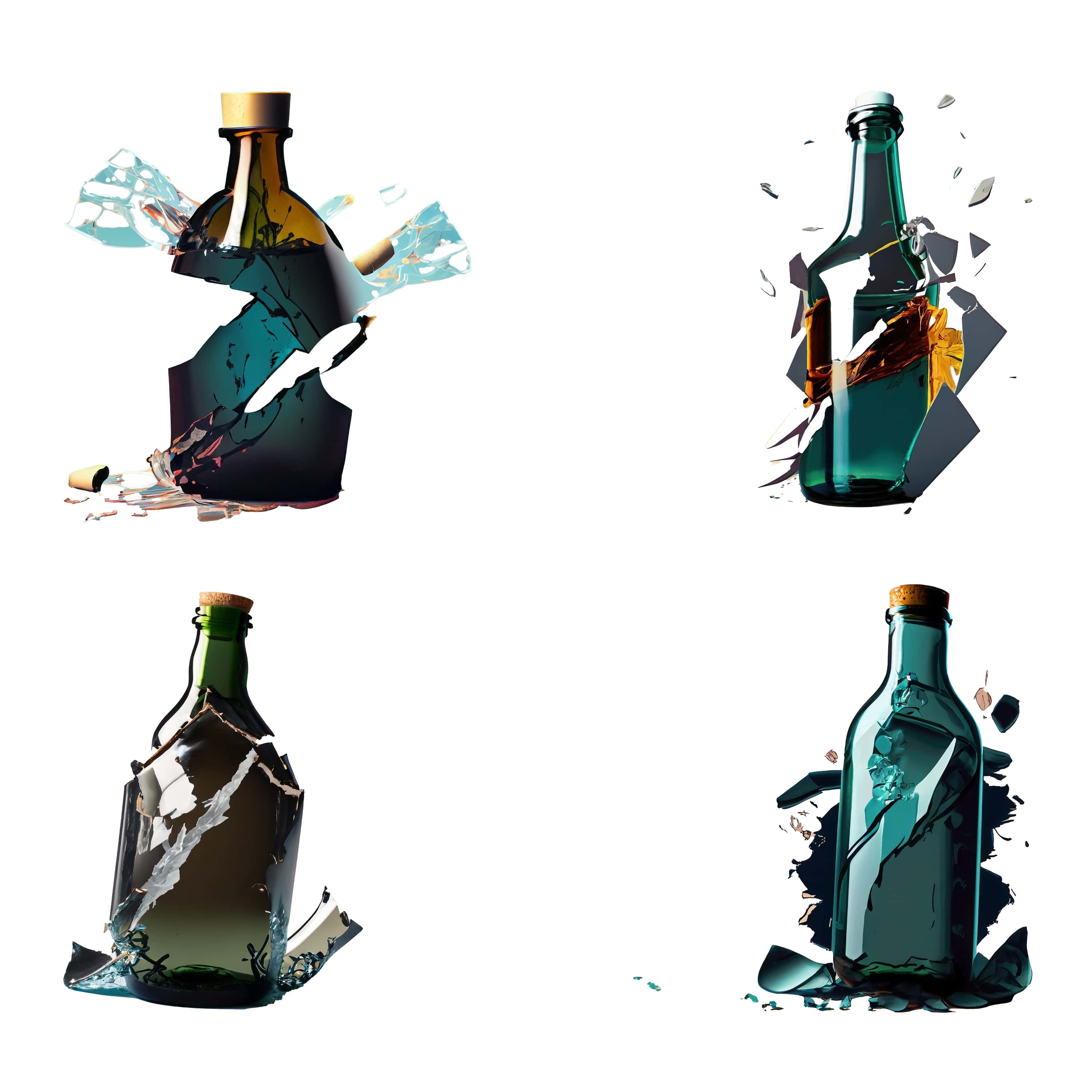 set of broken glass bottles with splashes isolated on white background. 274