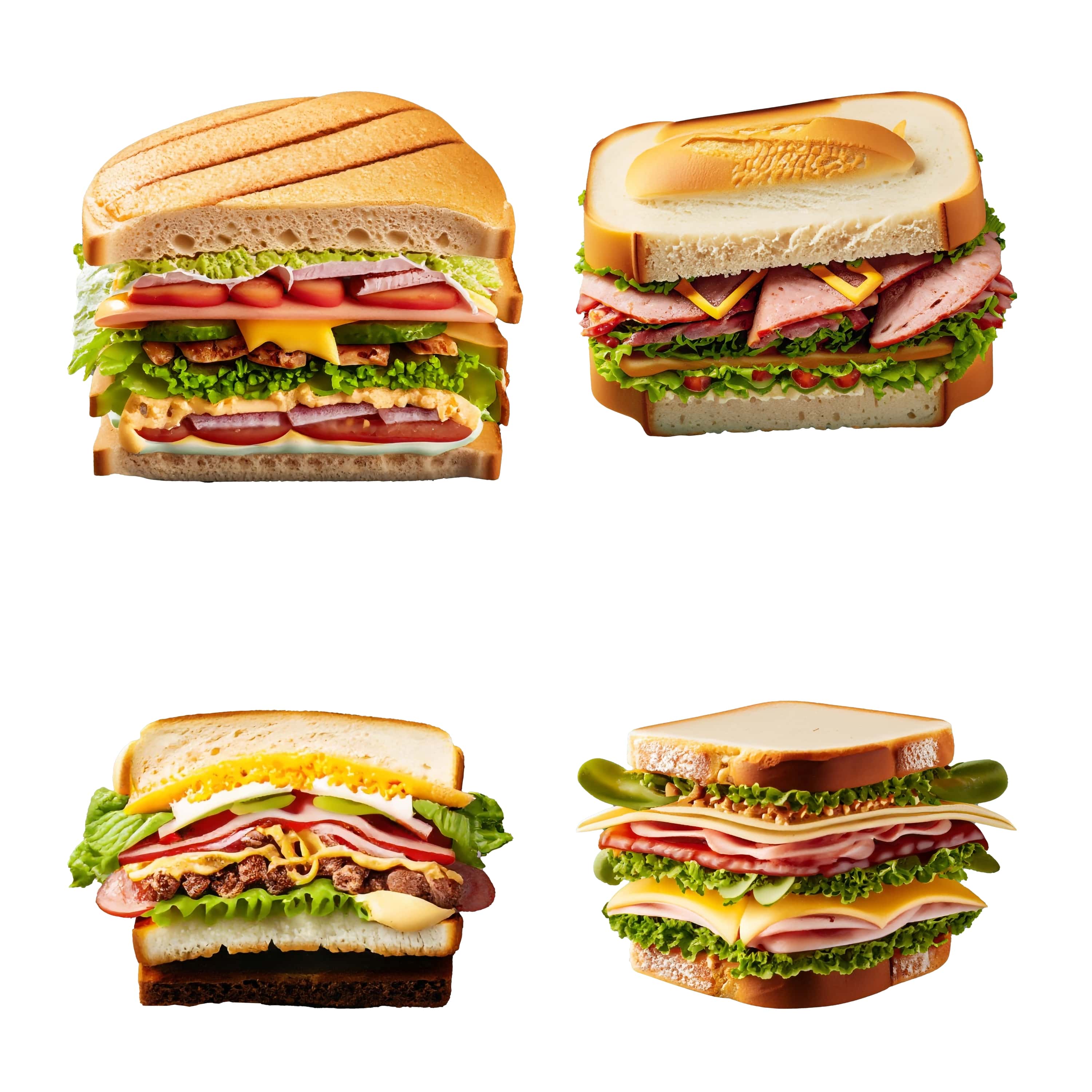 set of different sandwiches isolated on white background. 458