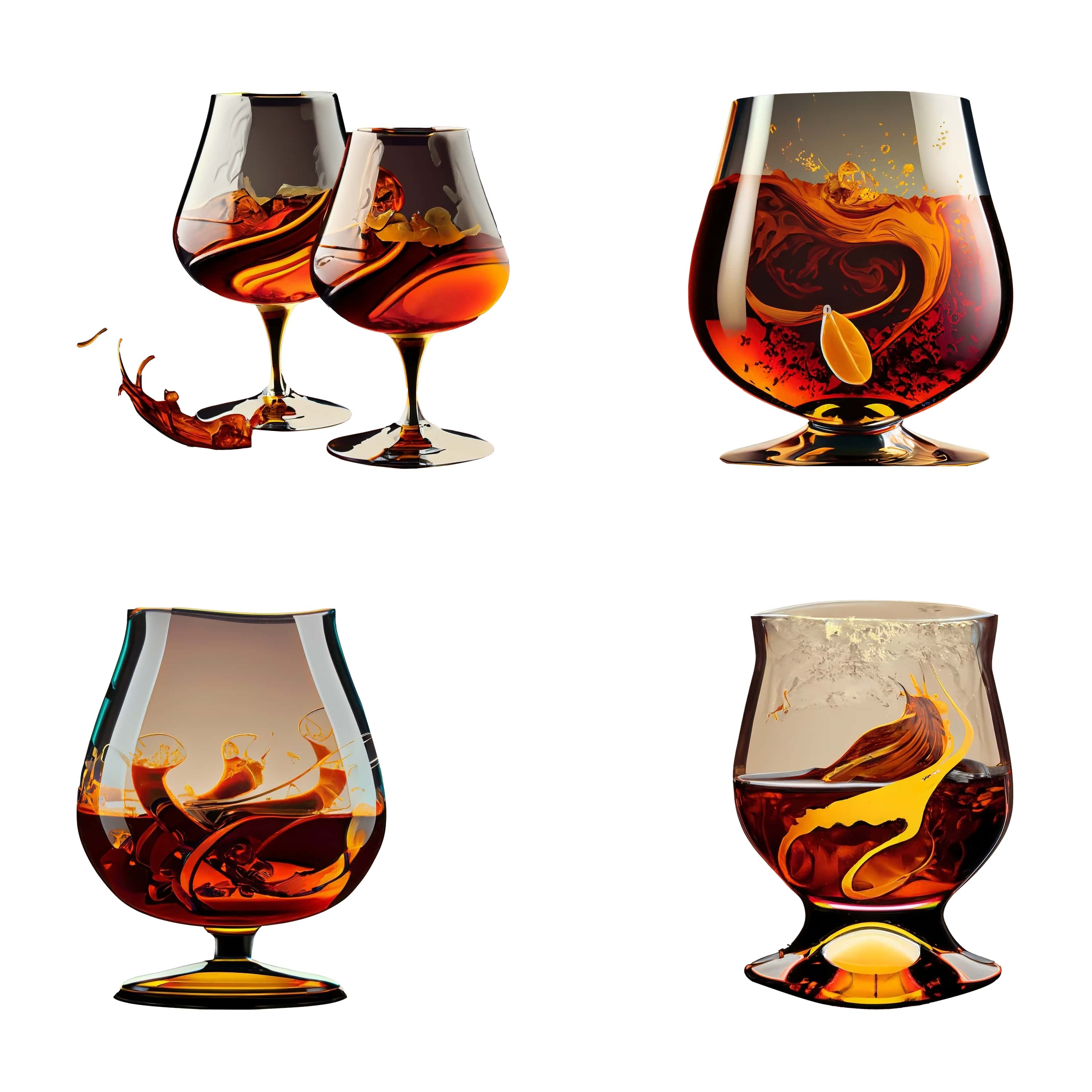 set of four glasses of cognac or brandy with ice cubes. 907