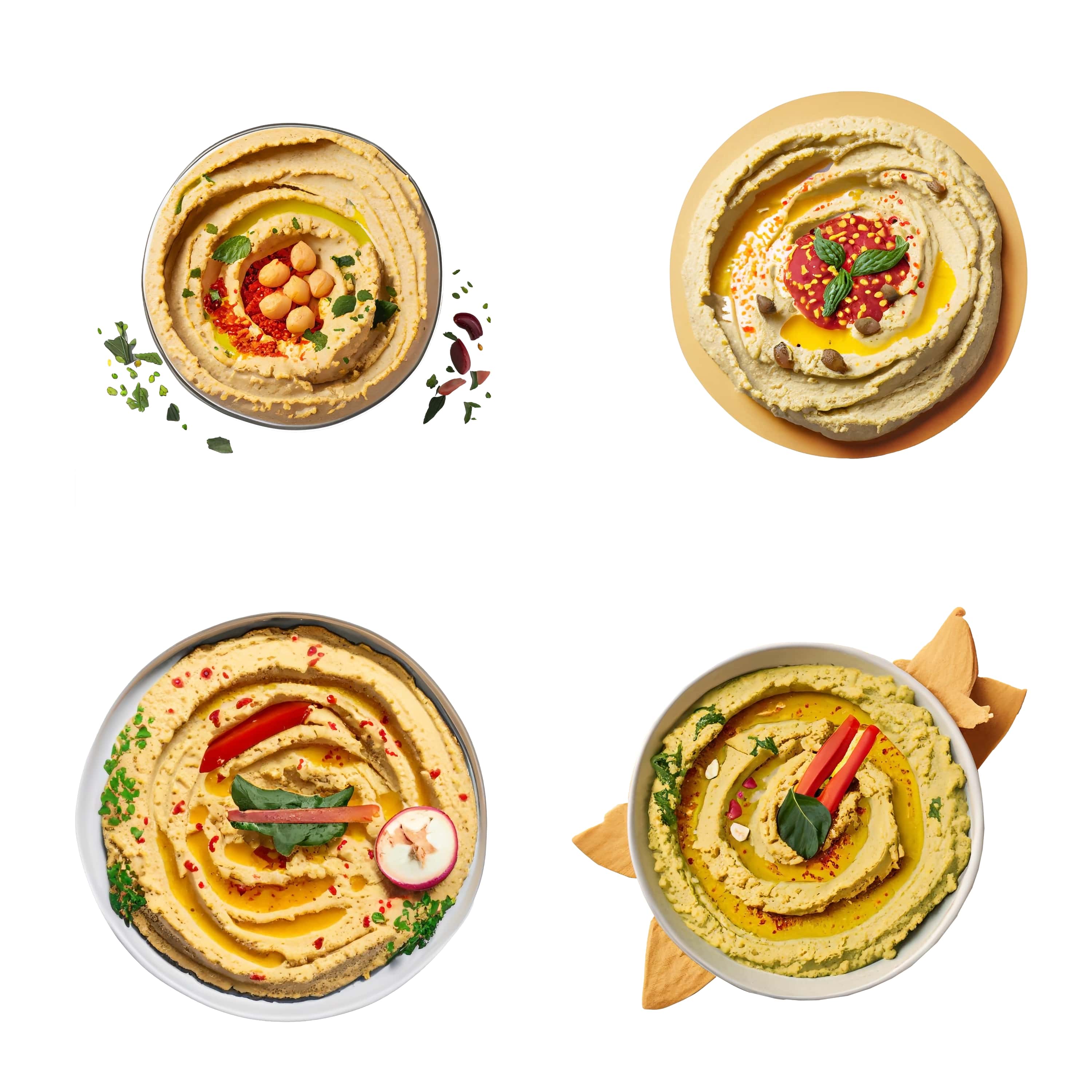 set of hummus in bowls isolated on white background top view. 165