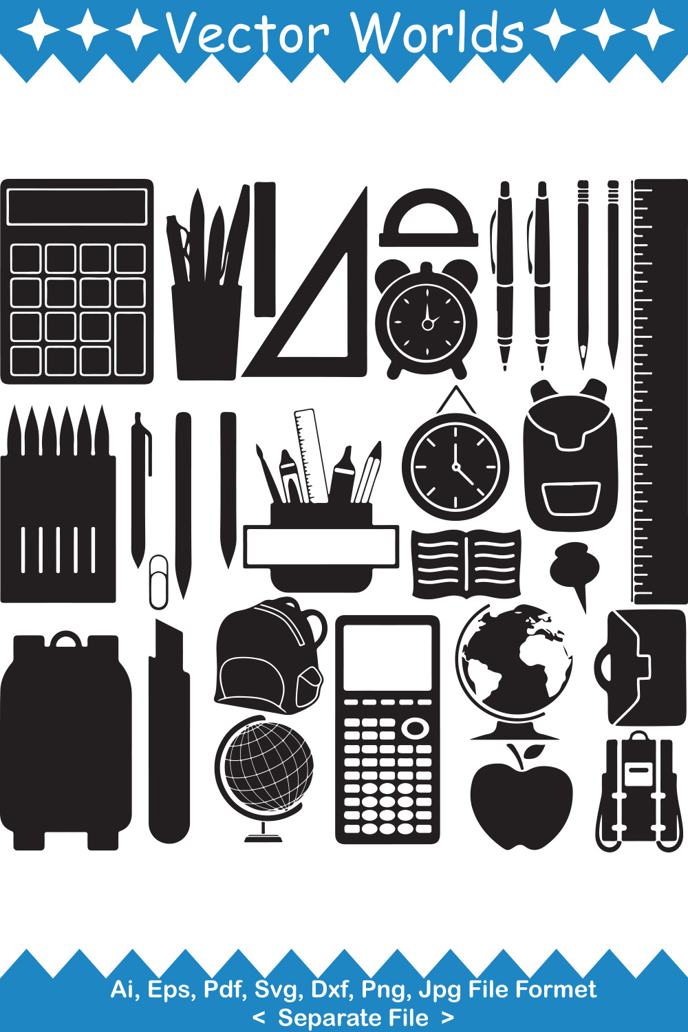 School Supplies SVG Vector Design pinterest preview image.