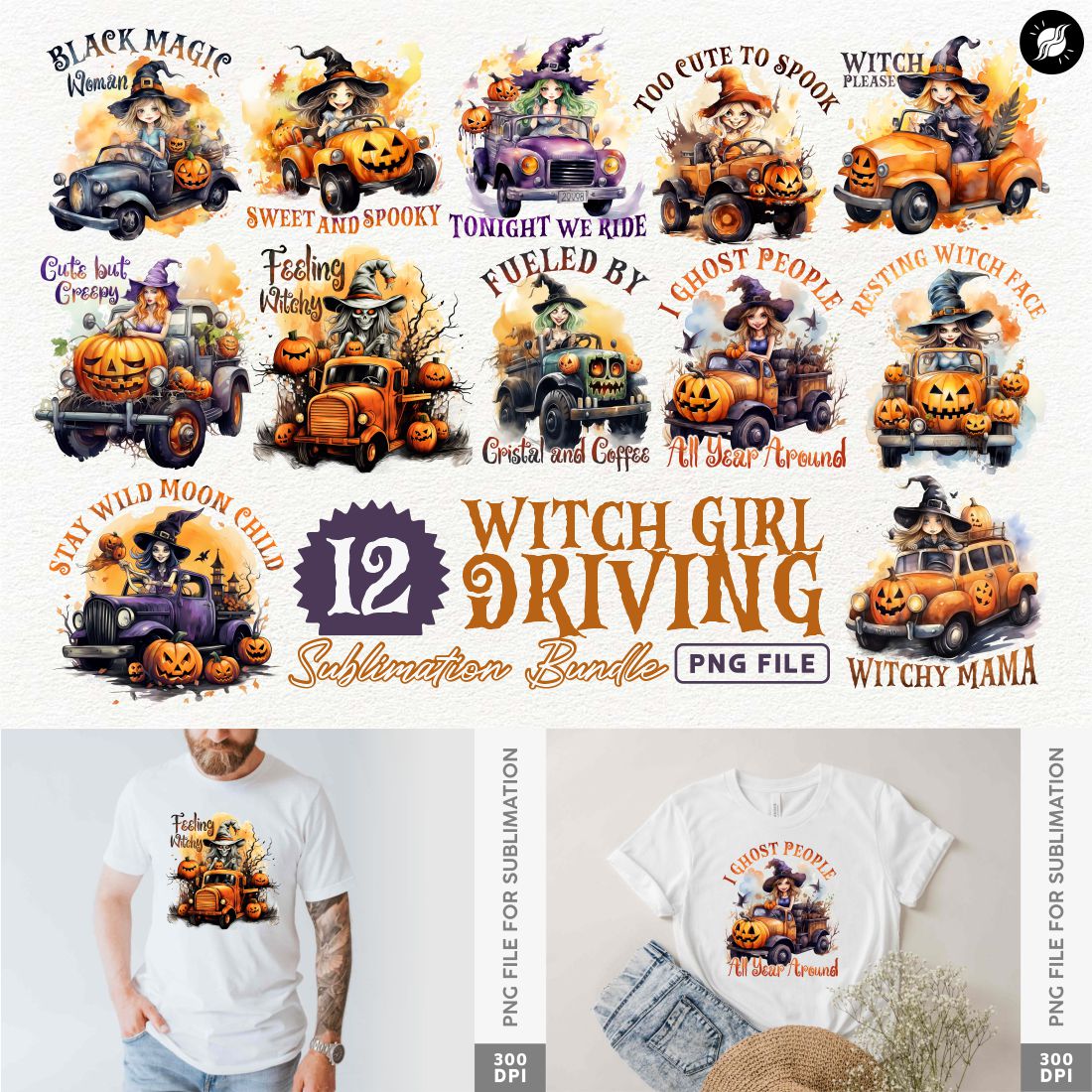 Witch Girl Driving Sublimation Designs PNG Bundle cover image.