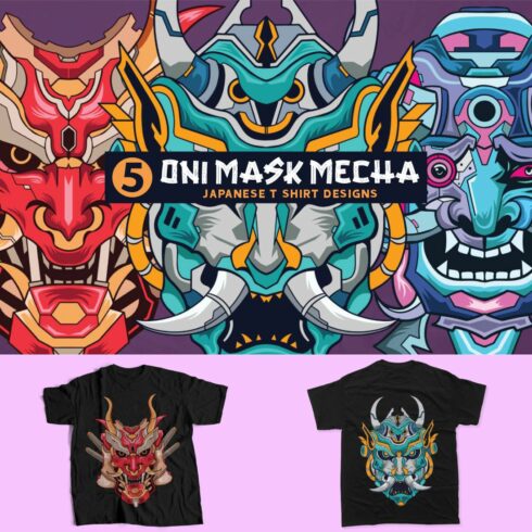 Oni Mask Mecha Japan Culture Vector T-shirt Designs Bundle, Hannya Mask Robot Artwork Illustration cover image.