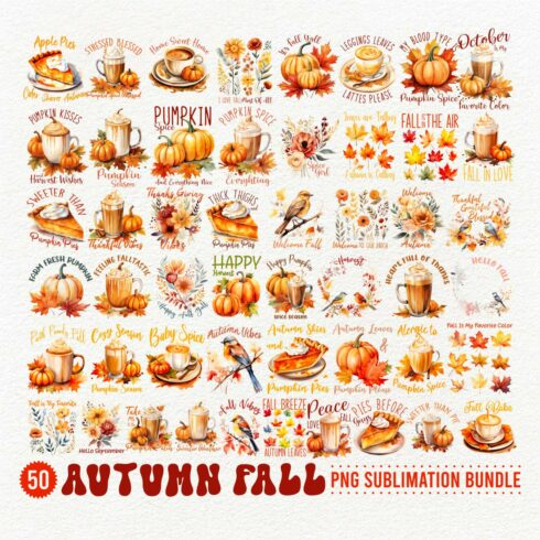 Mega Bundle Autumn Fall Sublimation PNG, Fall Quotes T-shirt Designs, Pumpkin and Coffee Spices Collection cover image.