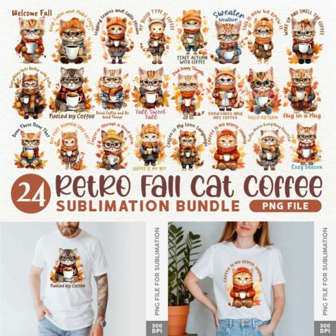Retro Fall Cat Coffee PNG Sublimation Bundle, Cute Fall Animals Character for Merchandise cover image.