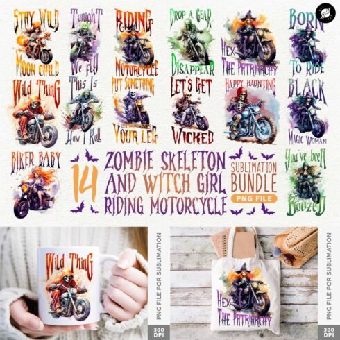 Zombie Skeleton and Witch Girl Riding Motorcycle Sublimation cover image.