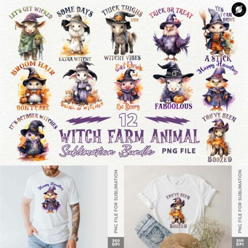 Witch Farm Animals Sublimation Designs PNG Bundle cover image.