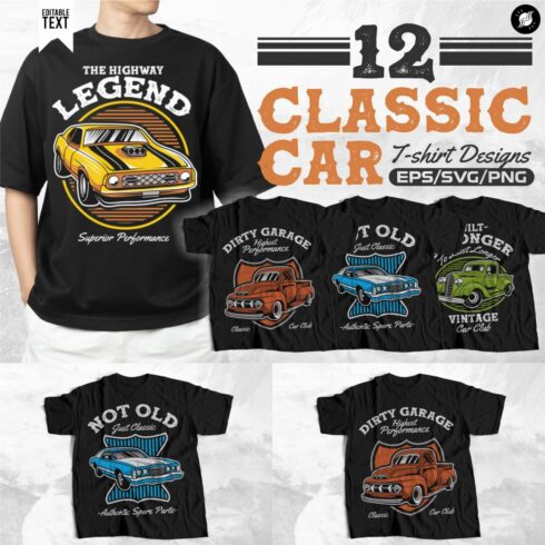 Classic Car Vector T-shirt Designs Bundle, Vintage Old Car Graphic T-shirt for Apparel cover image.