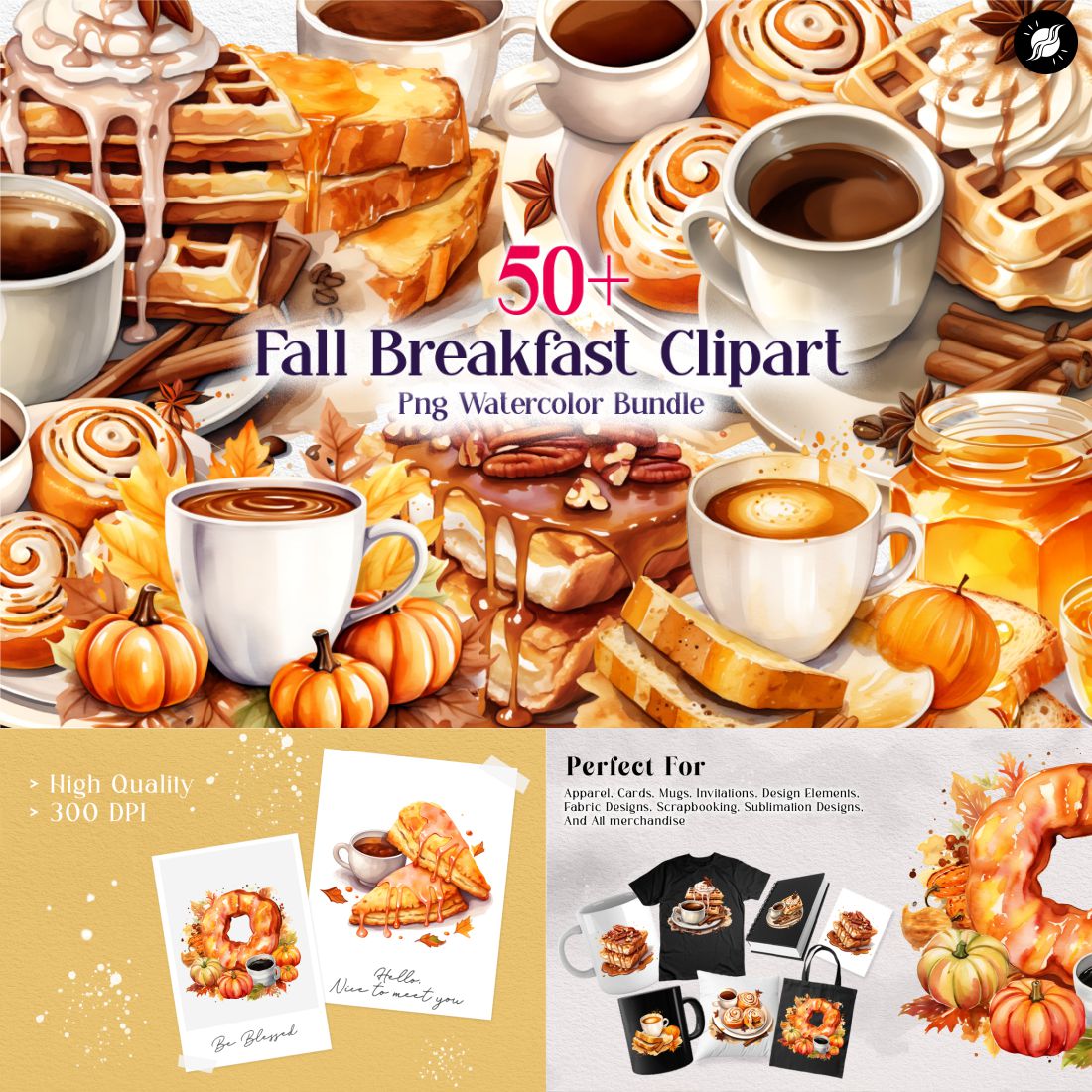 Fall Breakfast Clipart PNG Bundle, Food and Drink Watercolor Collection preview image.