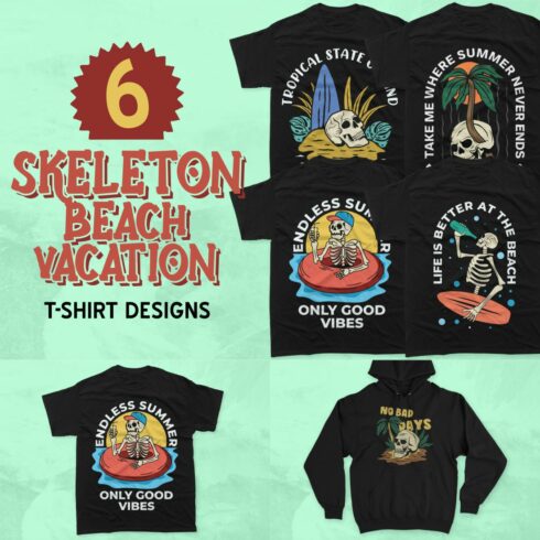Skeleton Summer Beach Vacation Vector T-shirt Designs Bundle, Skull T-shirt Designs Bundle cover image.