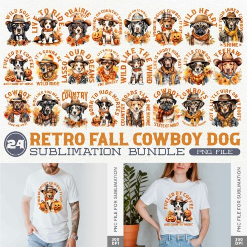 Retro Fall Cowboy Dog Sublimation Bundle, Western Clipart Collection, Autumn Designs Bundle cover image.