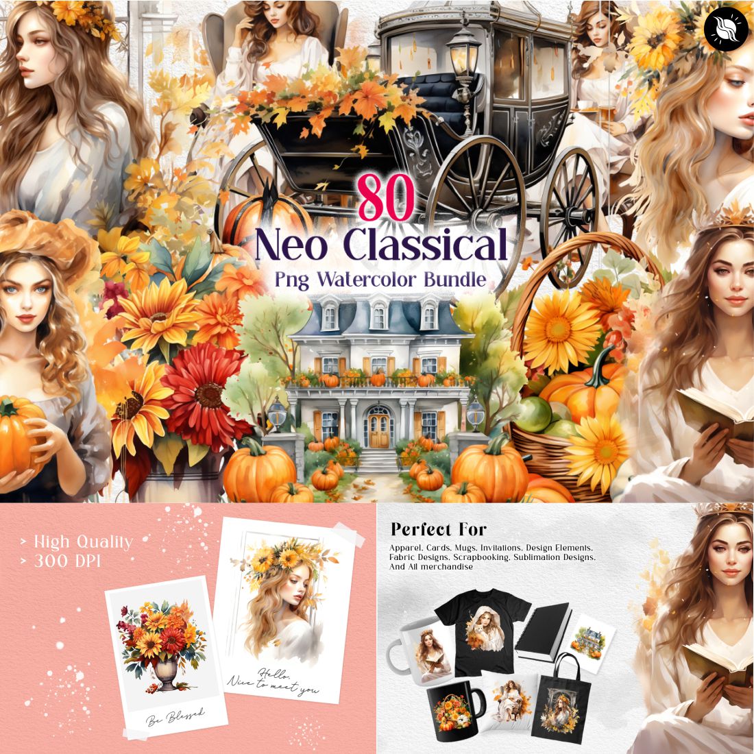 Fall of Neo Classical Watercolor Illustration Clipart Bundle preview image.