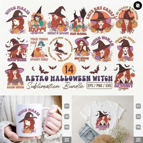 Retro Halloween Witch Sublimation T-shirt Designs Bundle cover image.
