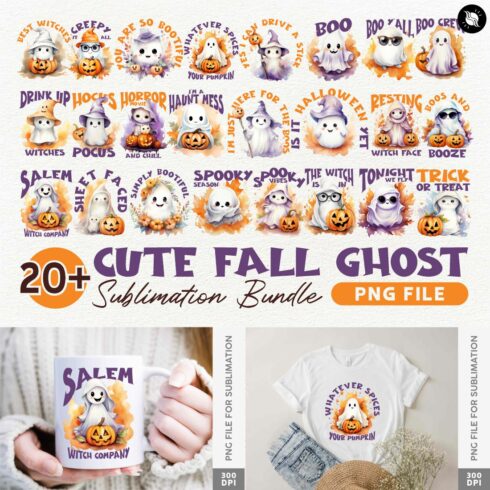 Cute Fall Halloween Ghost Sublimation Designs Bundle cover image.