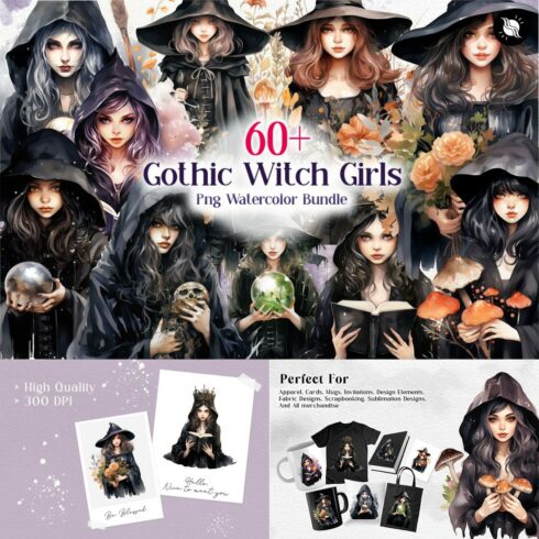 Halloween Gothic Witch Girls PNG Watercolor Clipart Bundle, Mystic Magical Girls Sublimation Designs cover image.