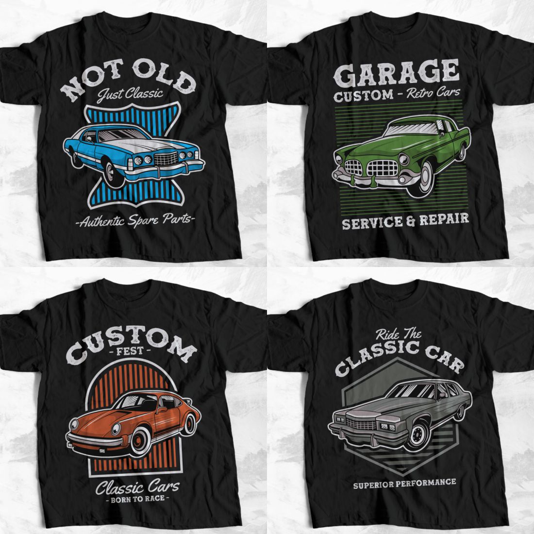 Classic Car Vector T-shirt Designs Bundle, Vintage Old Car Graphic T-shirt for Apparel preview image.