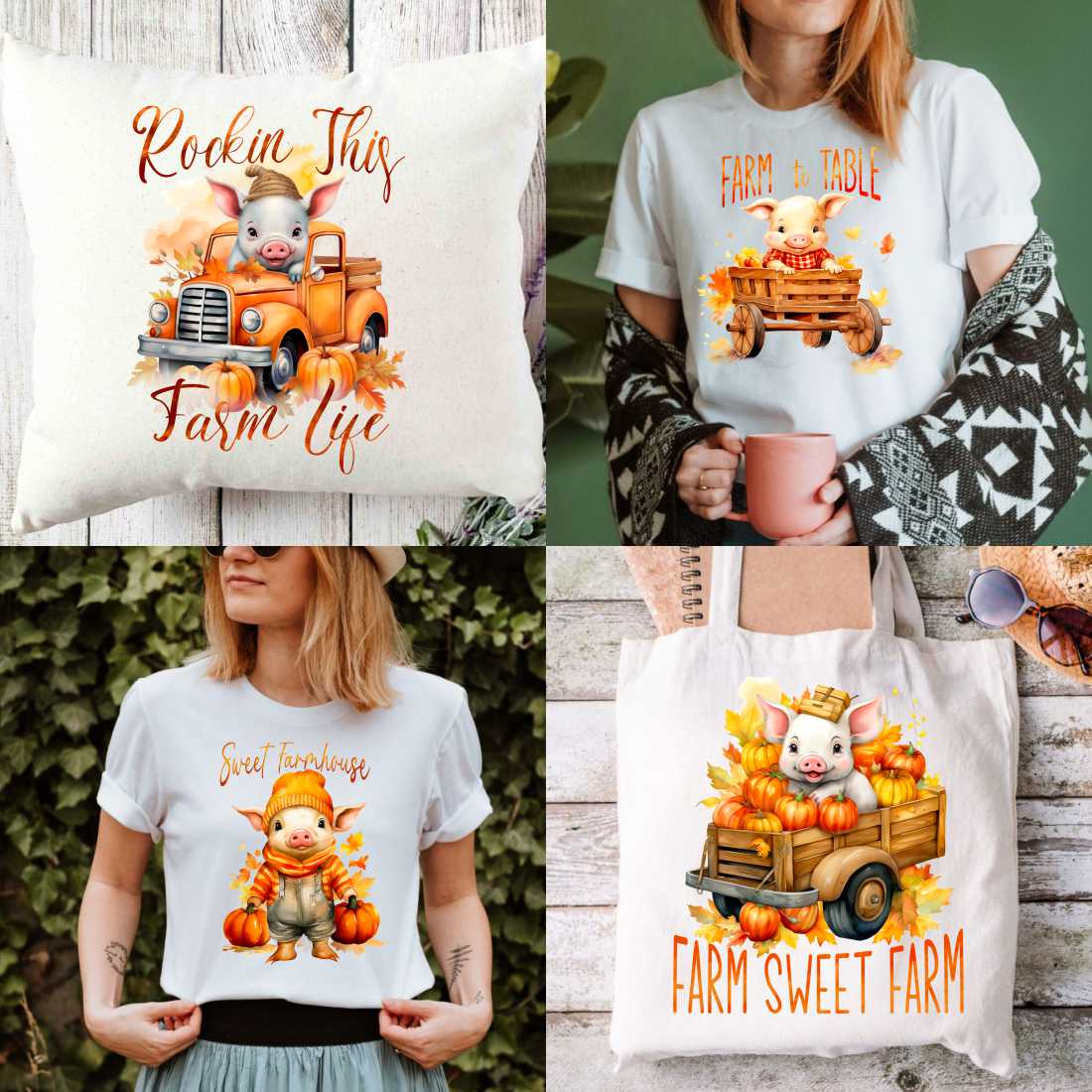 Cute Fall Pig Sublimation Designs, Pumpkins Farm PNG Bundle preview image.