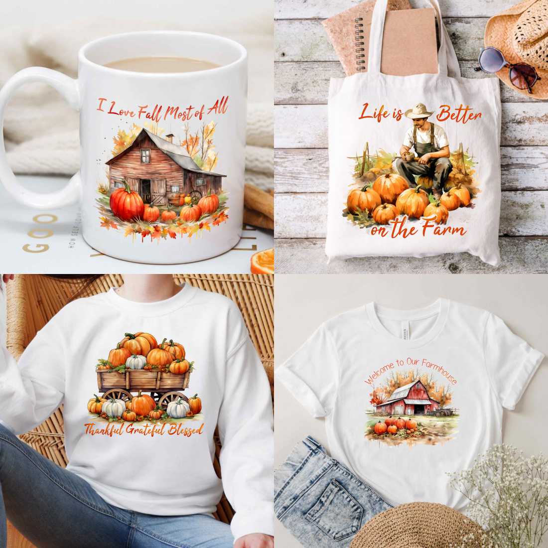 Fall on the Farm Sublimation Designs PNG Bundle, Fall Farmhouse T-shirt Designs PNG Bundle preview image.