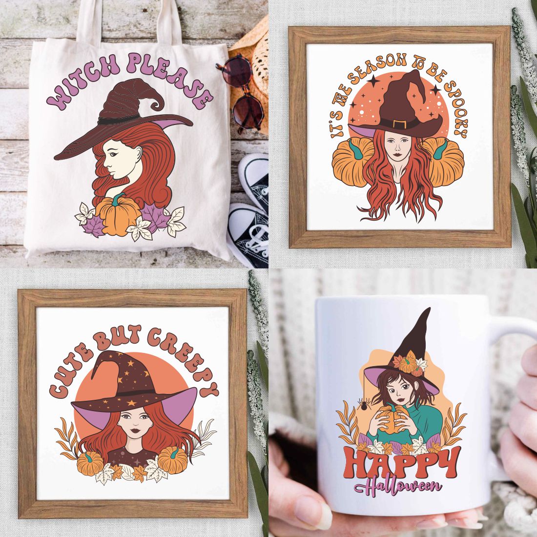 Retro Halloween Witch Sublimation T-shirt Designs Bundle preview image.