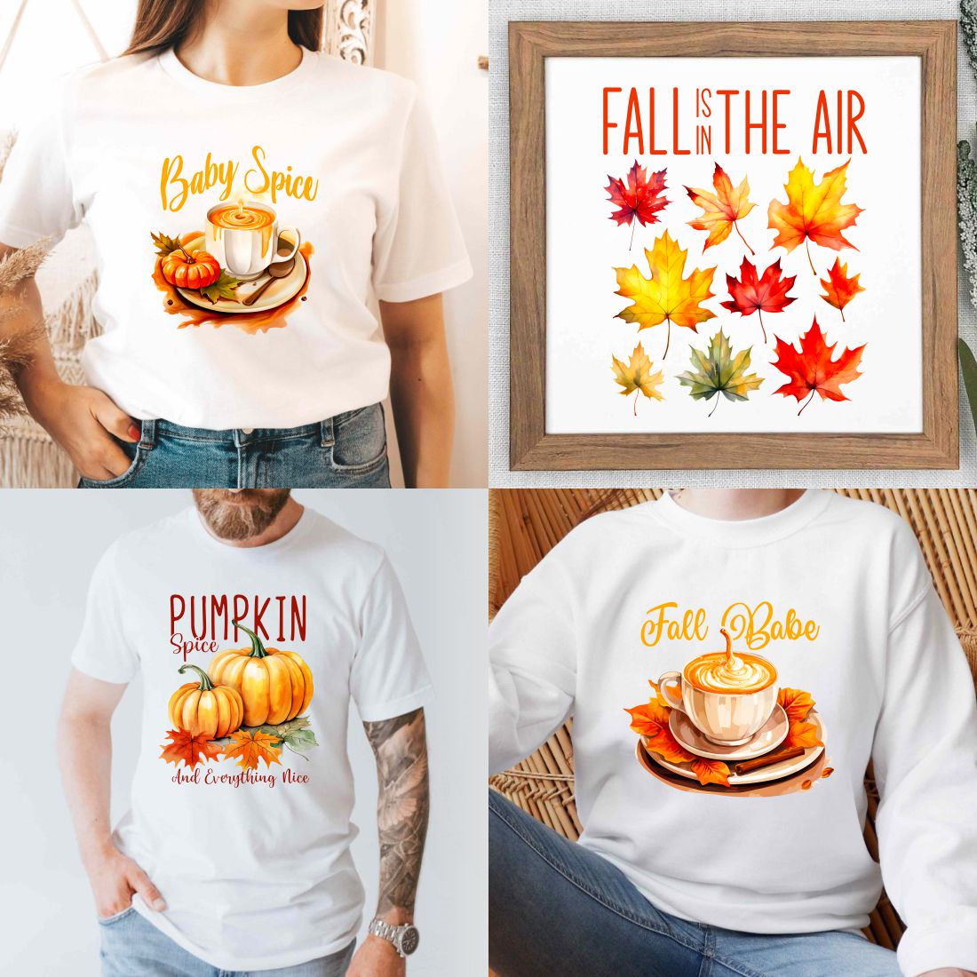 Mega Bundle Autumn Fall Sublimation PNG, Fall Quotes T-shirt Designs, Pumpkin and Coffee Spices Collection preview image.
