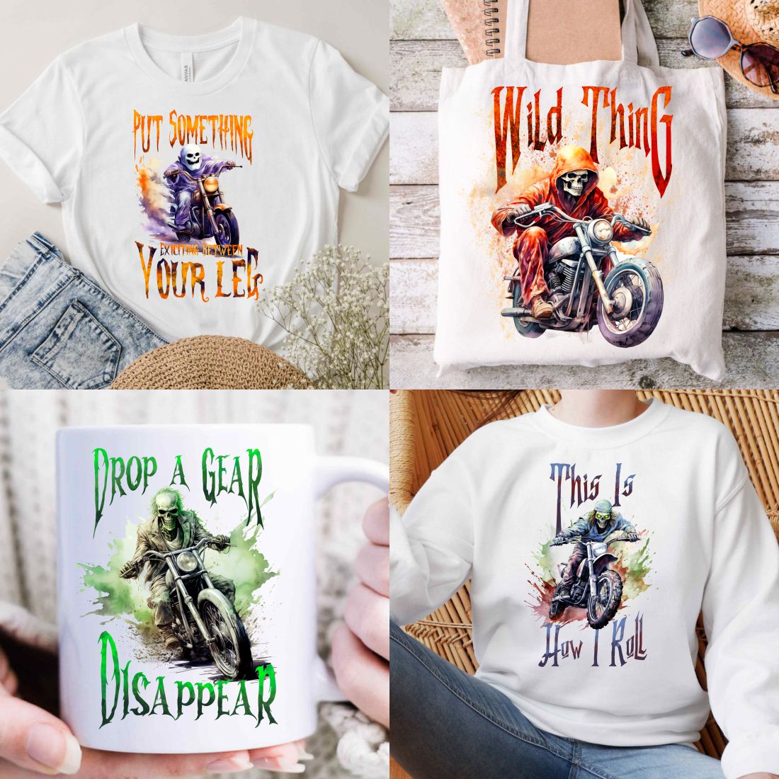 Zombie Skeleton and Witch Girl Riding Motorcycle Sublimation preview image.