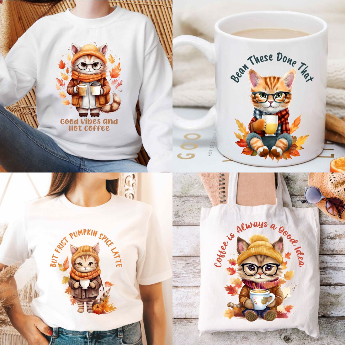 Retro Fall Cat Coffee PNG Sublimation Bundle, Cute Fall Animals Character for Merchandise preview image.