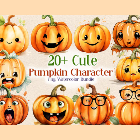 Cute Pumpkin Face Character PNG Watercolor Clipart Bundle cover image.
