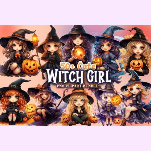Cute Witch Girl Watercolor PNG Clipart Bundle | Halloween Girl Illustrations cover image.