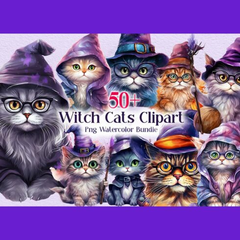 Witch Cats Clipart PNG Watercolor Bundle, Halloween Cat Illustrations Collection cover image.