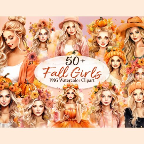 Fall Girls PNG Watercolor Clipart, Autumn Fall Girl Illustrations Sublimation cover image.