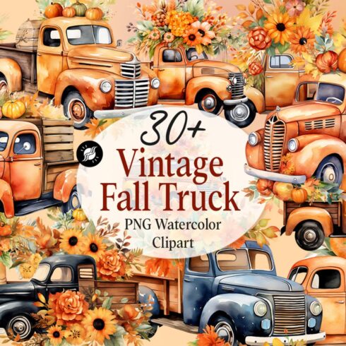 Vintage Fall Truck PNG Watercolor Sublimation Clipart Bundle cover image.