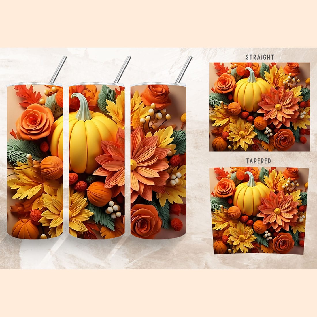 3d Fall Pumpkins Tumbler Wrap Collection, 3D Autumn 20oz Skinny Tumbler for Sublimation preview image.